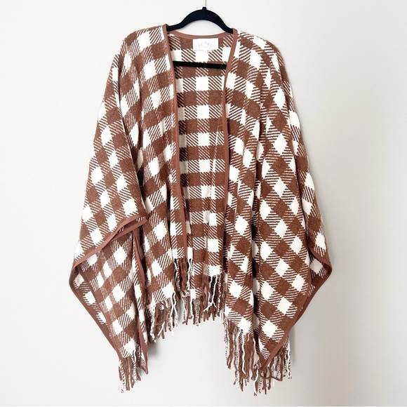 Pearl by Lela Rose Checked Wool-Blend Cape ONE Size Fringe brown belted - Picture 2 of 9